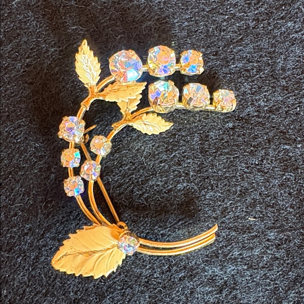 Vintage Azub Austria AB Crystal Floral Leaf Brooch Gold Enamel Hand Painted